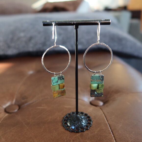 Turquoise and hammered sterling silver earrings by Dana Reed Designs 2.75" drop - Picture 5 of 13